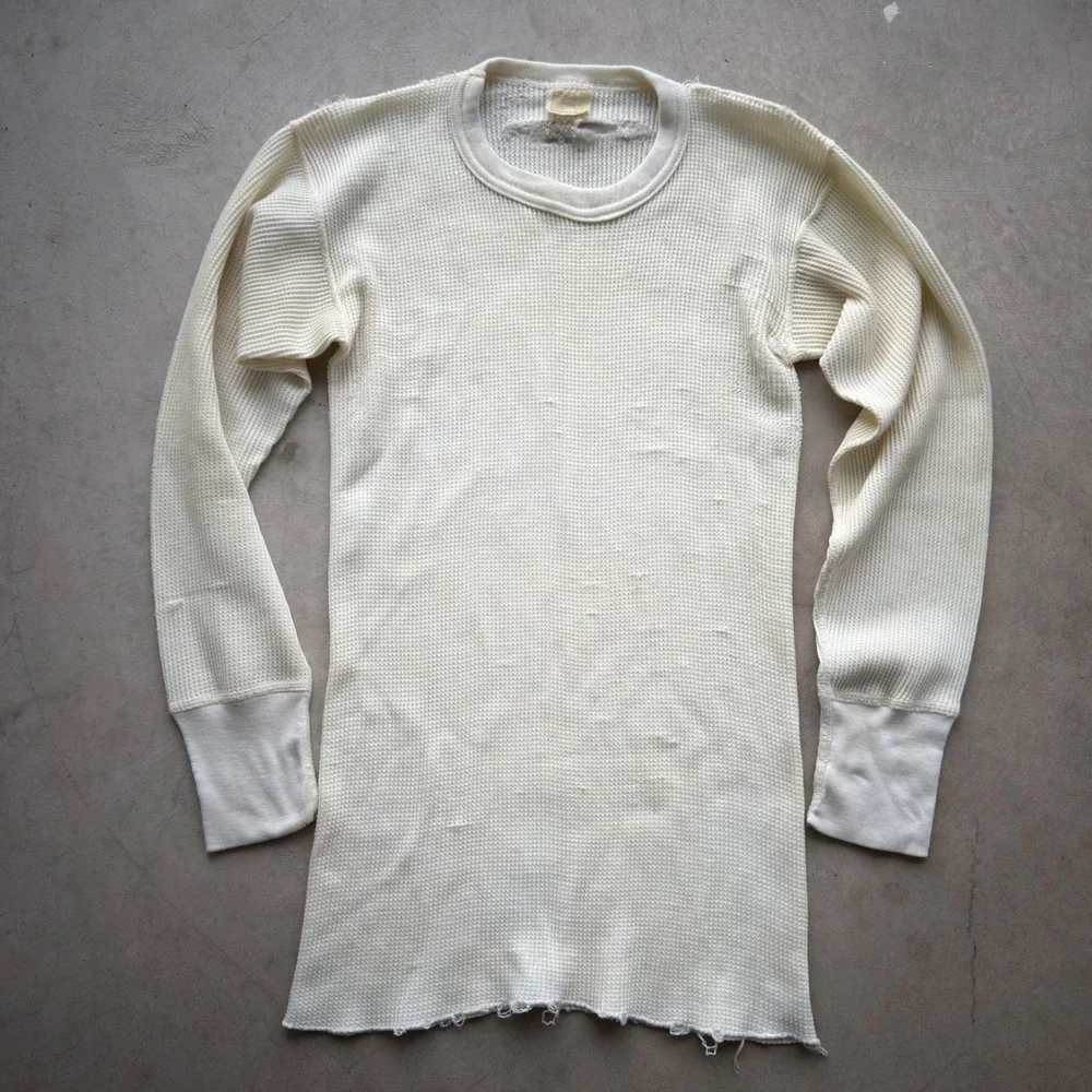 Vintage Montgomery Ward Thermal Shirt Waffle Knit Distressed Cream Large 42-44